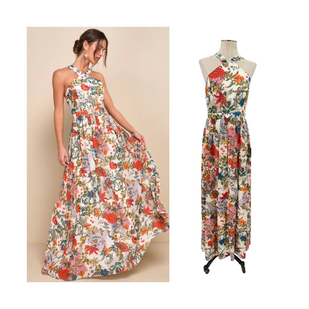 Lulus Lilja Cream Floral Print Halter Maxi Dress Wedding Guest NWT Size Medium